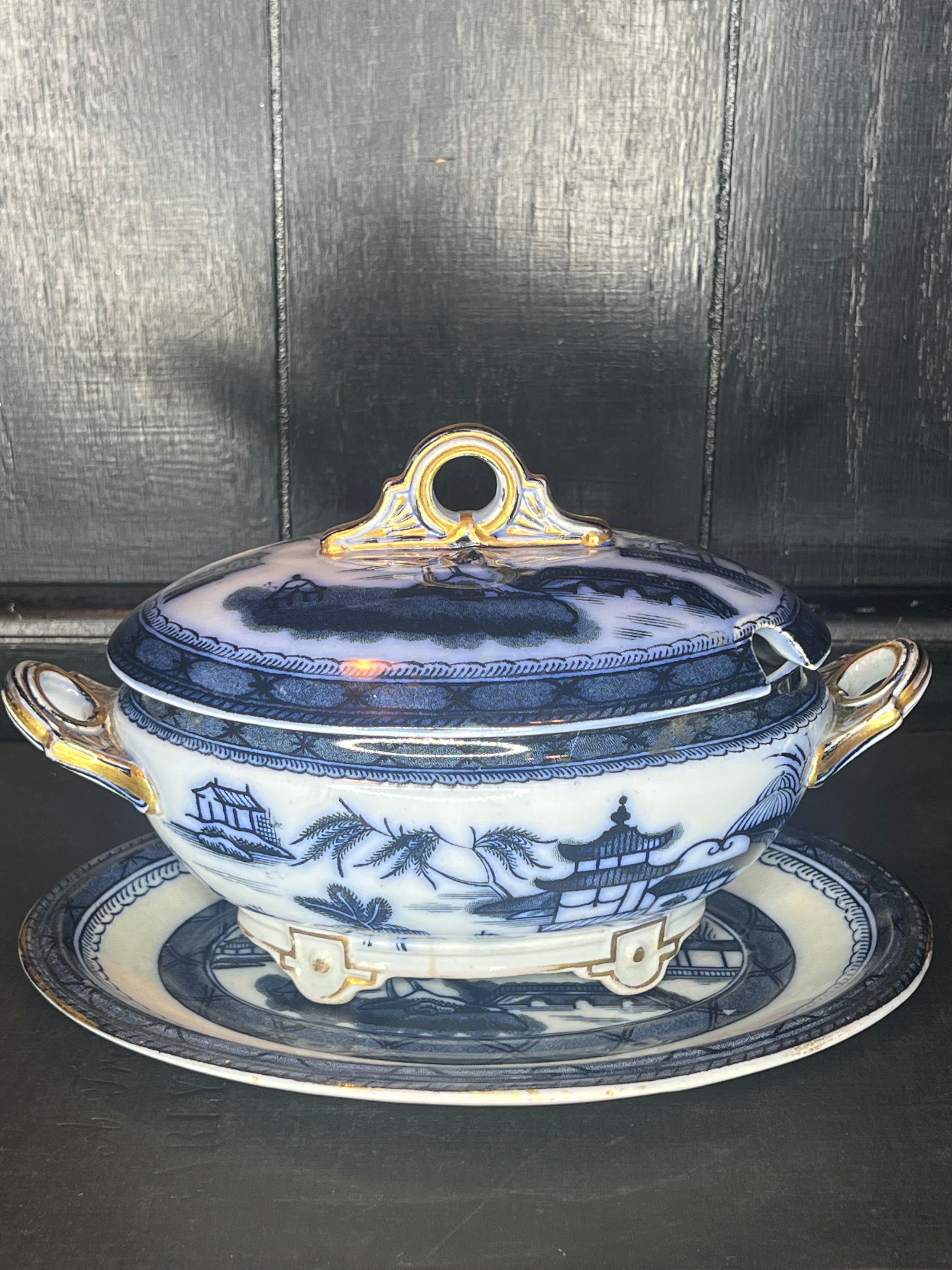 Flow Blue Tureen Set With Plate