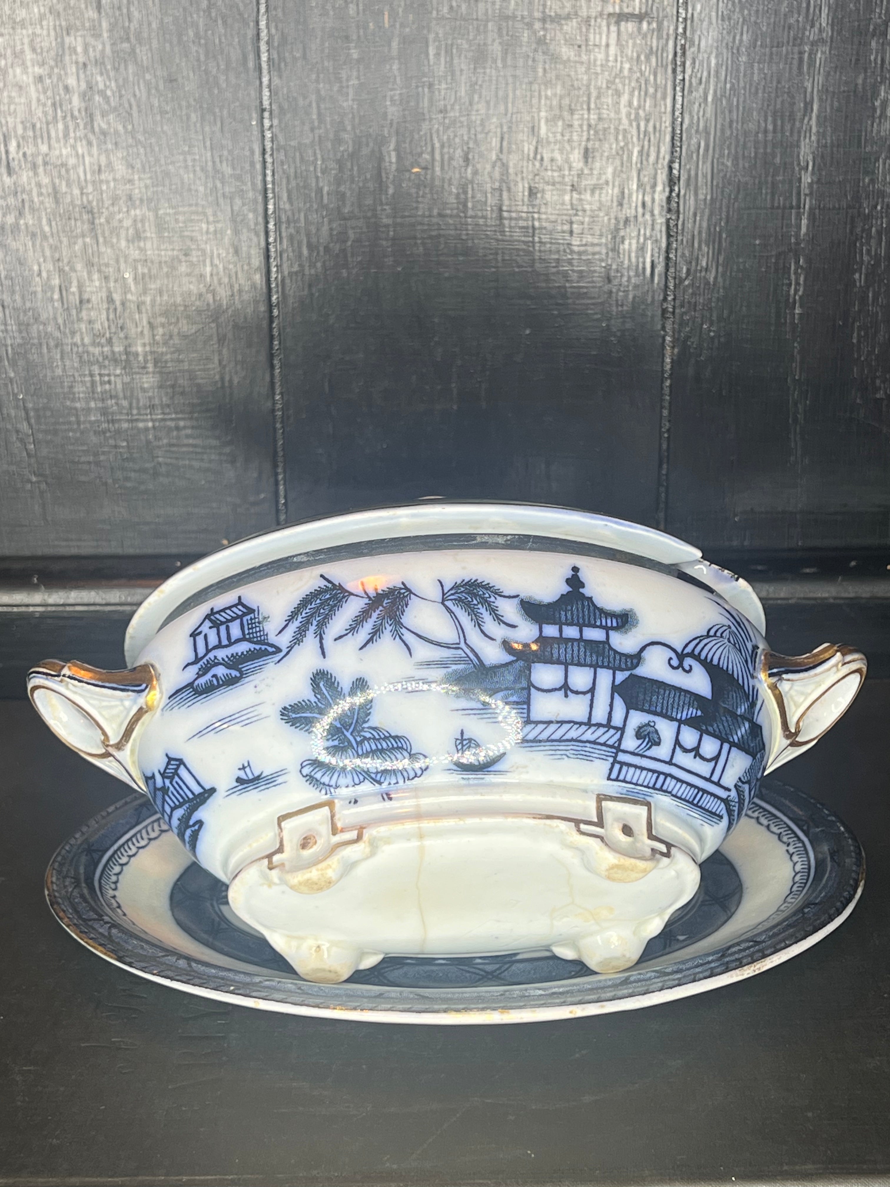Flow Blue Tureen Set With Plate