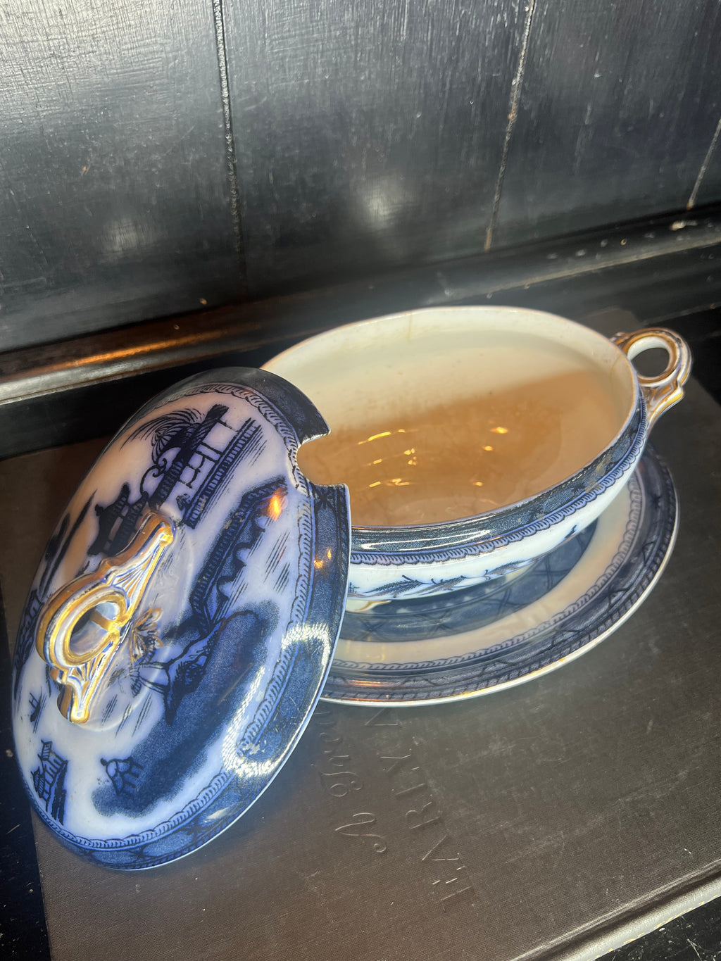 Flow Blue Tureen Set With Plate