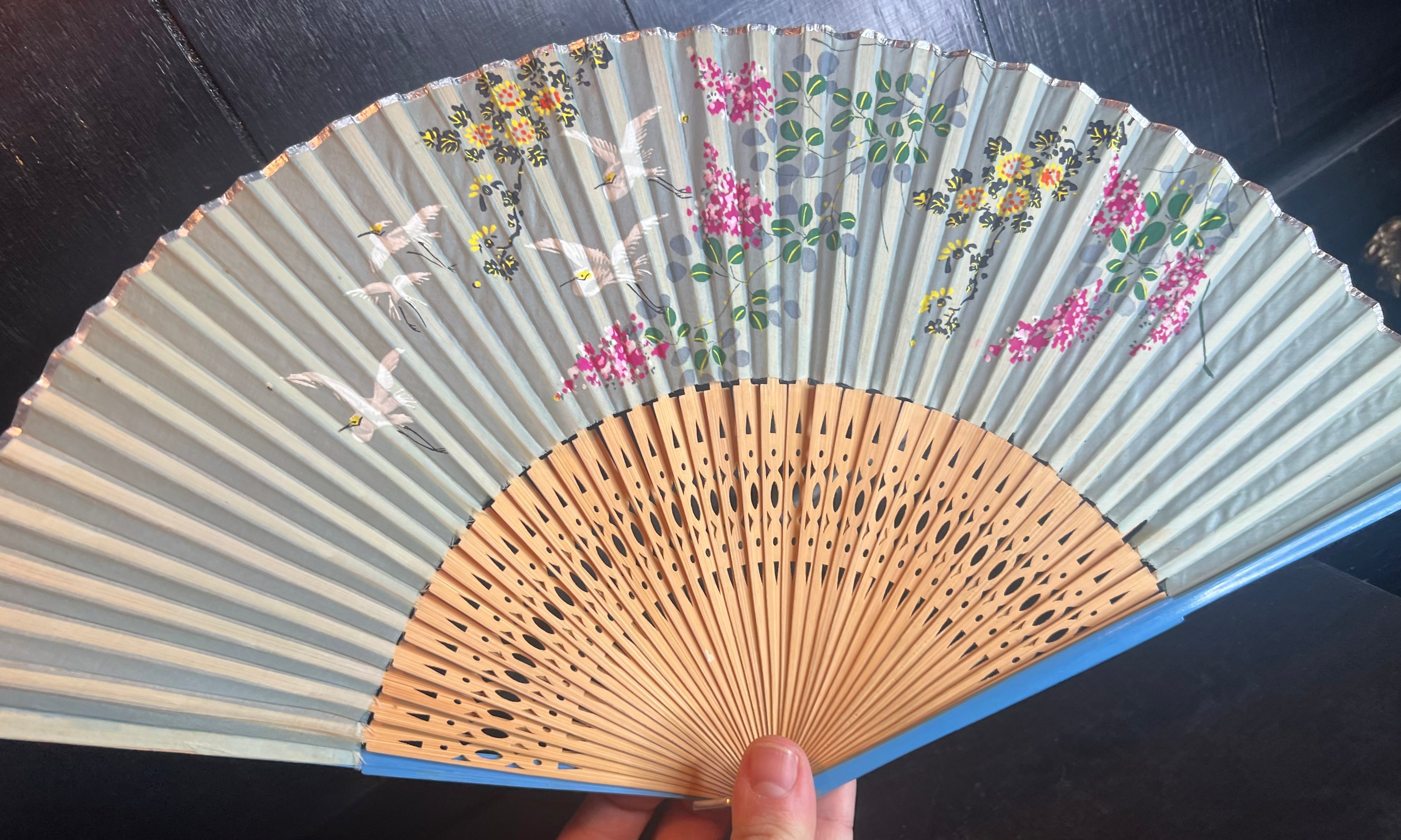 Dark Blue Wood Handle Fan with Blue Fabric