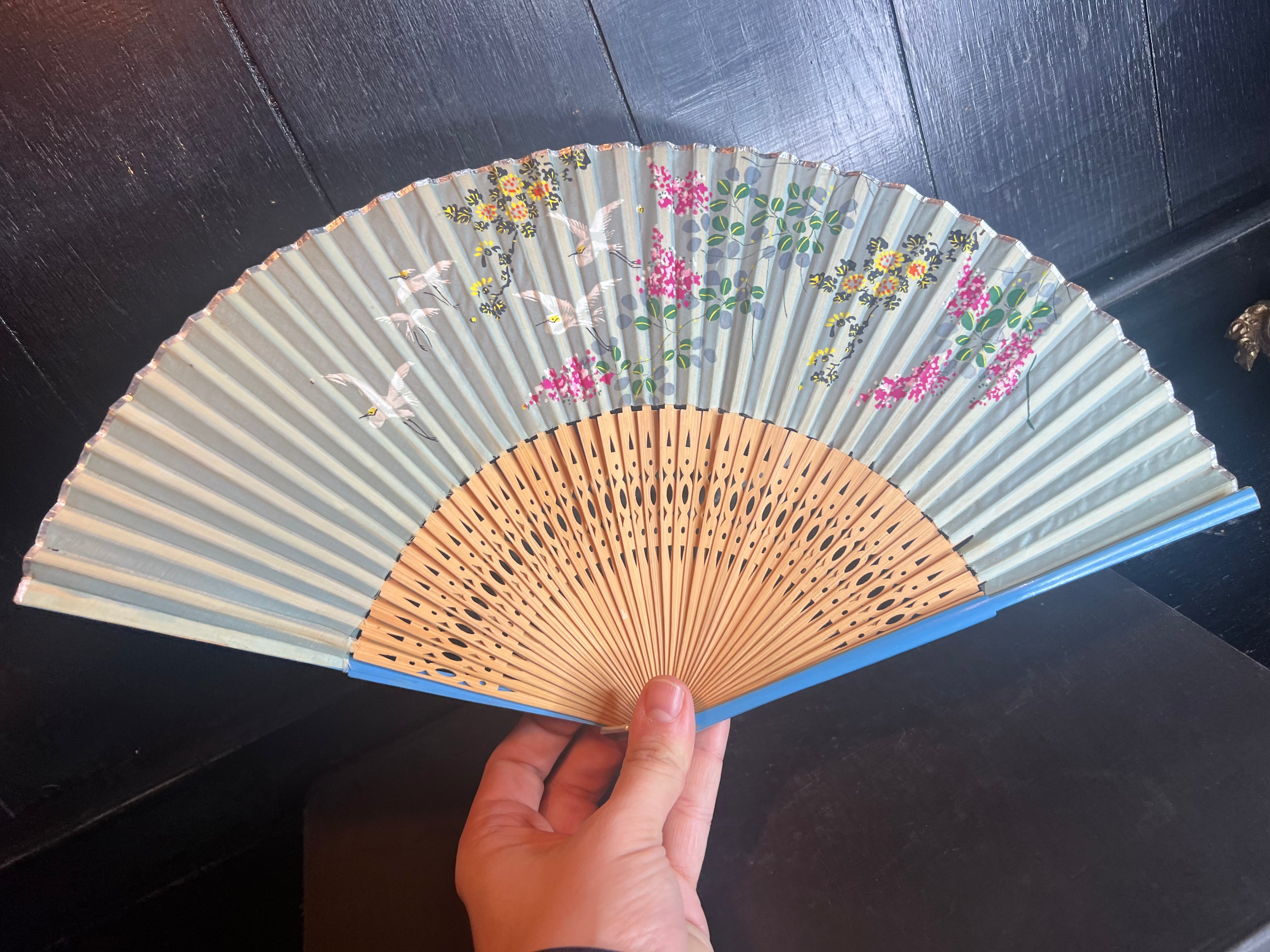 Dark Blue Wood Handle Fan with Blue Fabric