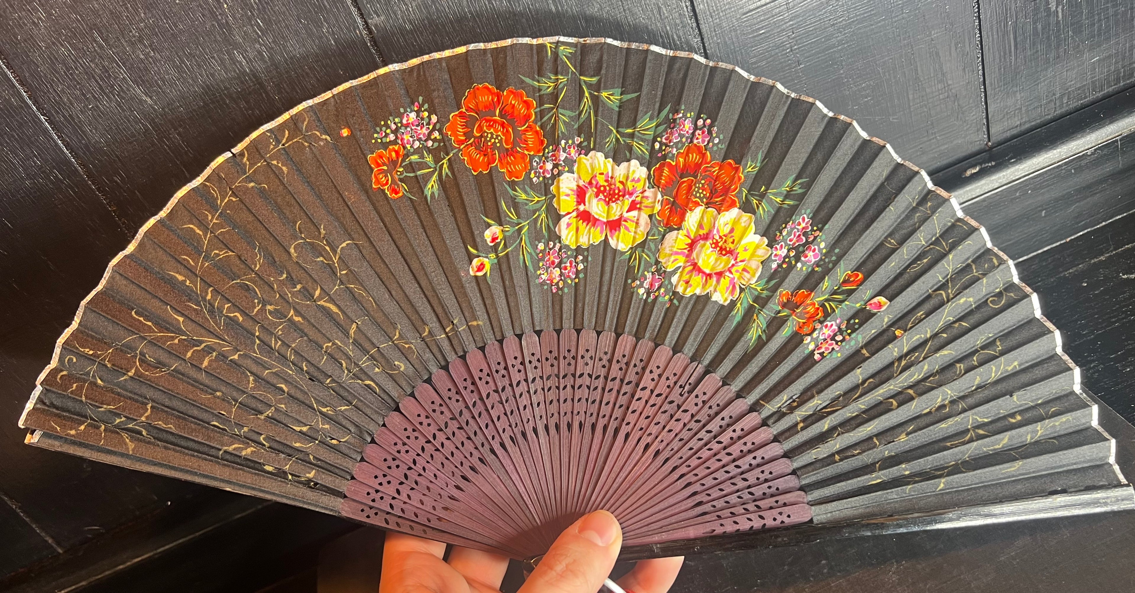 Black Resin Fan with Yellow and Orange Flowers